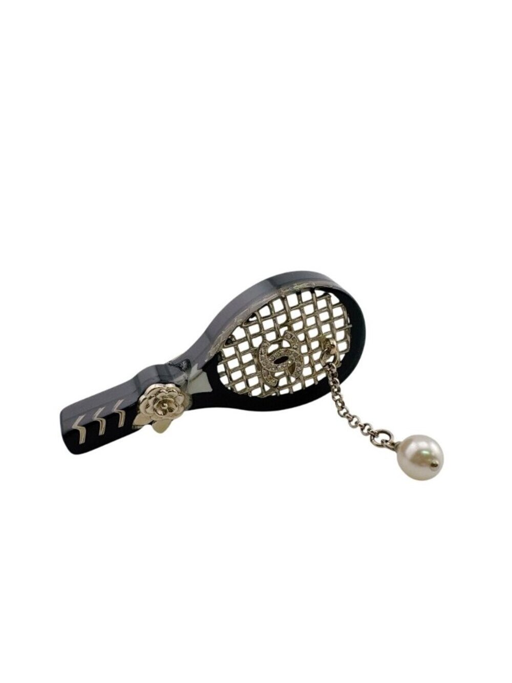 Chanel Tennis Racket Camellia CC Logo Pearl Quilted Charm Brooch